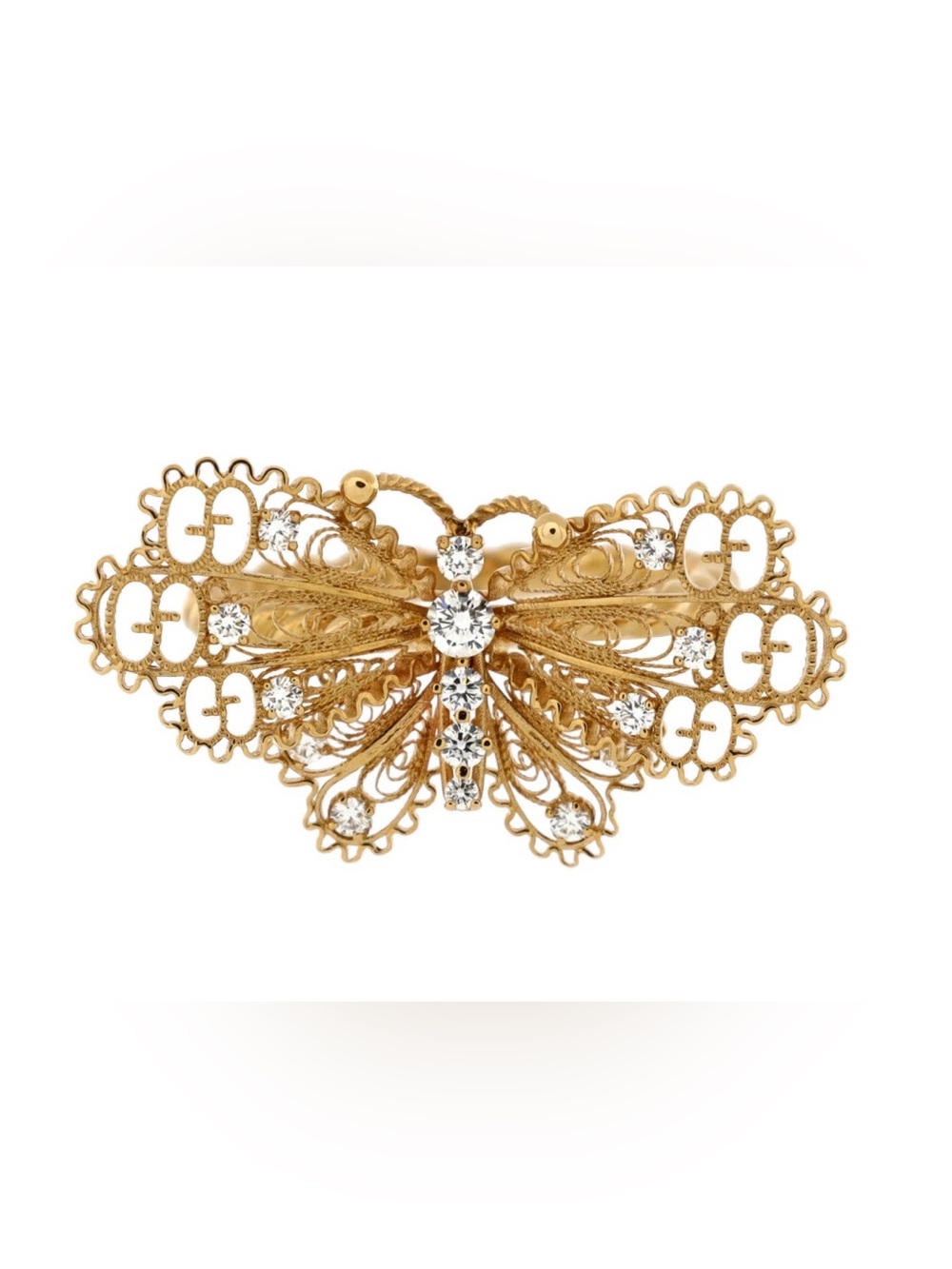 Gucci Gold Butterfly Filigree Ring with Clear Crystals